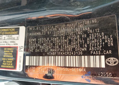 2012 Toyota Camry Le из США, поврежденный, VIN 4T4BF1FK4CR243136